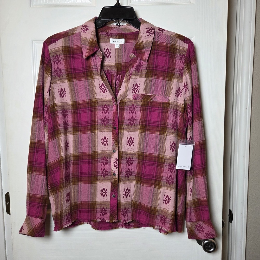 Westbound sz XL pink plaid embroidered button up top NWT casual aztec western
